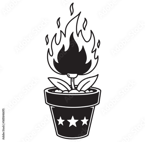 Stylized black and white illustration of a flaming flower growing in a star decorated pot