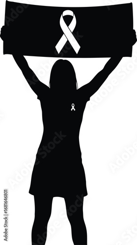 Silhouette of woman holding banner with white awareness ribbon supporting a cause or campaign vector