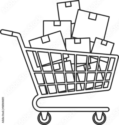 Shopping cart overflowing with boxes represents online shopping delivery and logistics concepts vector
