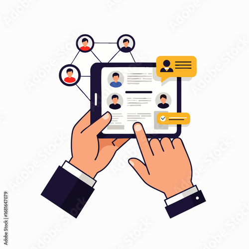 Hands interact with a digital tablet, showcasing a professional social network for seamless communication, team collaboration, and modern human resources management.