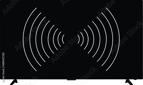 Modern black television screen displaying white sound waves signal emanating from center vector