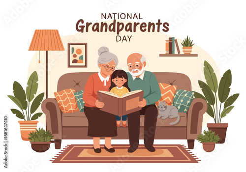 Flat style illustration of grandparents reading a book with grandchild on the sofa at home, featuring National Grandparents Day text, symbolizing love, wisdom, and family bonding