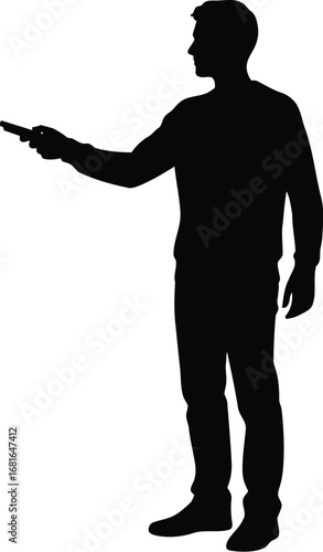 Man silhouette holding remote control gesturing forward isolated on white studio background for presentation vector