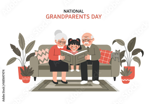 Flat style illustration of grandparents reading a book with grandchild on the sofa at home, featuring National Grandparents Day text, symbolizing love, wisdom, and family bonding