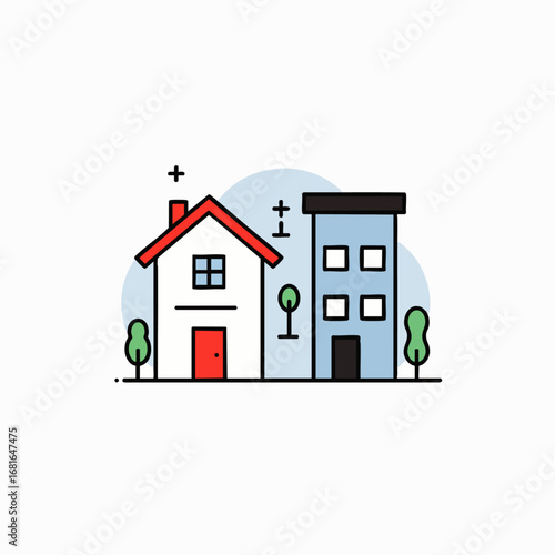 A clean, flat design vector showing a detached family house next to a taller apartment building, illustrating property, urban planning, and real estate concepts.