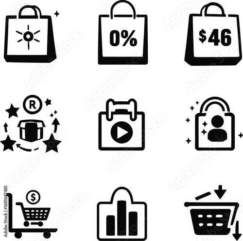 E commerce shopping bag icons set online store retail symbols sale offer discount price vector graphic 100