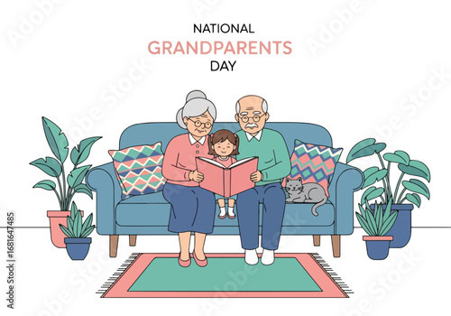 Flat style illustration of grandparents reading a book with grandchild on the sofa at home, featuring National Grandparents Day text, symbolizing love, wisdom, and family bonding