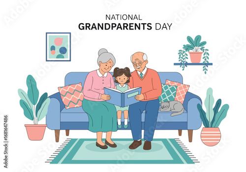 Flat style illustration of grandparents reading a book with grandchild on the sofa at home, featuring National Grandparents Day text, symbolizing love, wisdom, and family bonding