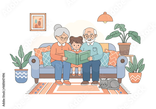 Flat style illustration of grandparents reading a book with grandchild on the sofa at home, featuring National Grandparents Day text, symbolizing love, wisdom, and family bonding