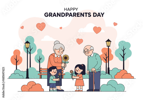 Flat style illustration of children giving flowers to grandparents in a park, featuring Happy Grandparents Day text, symbolizing love, gratitude, and family celebration