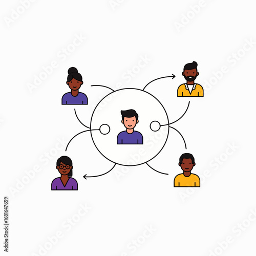 This vibrant illustration depicts a diverse group of individuals connected in a dynamic social network, symbolizing communication, collaboration, and community engagement.