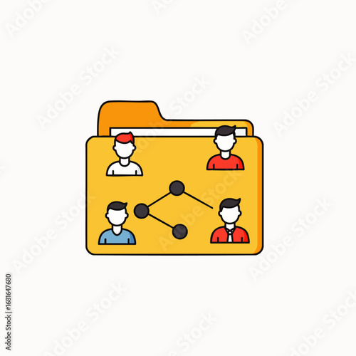 This clean vector icon illustrates a digital folder holding connected user profiles, representing efficient team collaboration, organized data sharing, and professional networking.