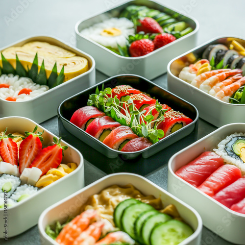 Colorful Bento Boxes Filled with Sushi and Delicious Japanese Cuisine Food Photography