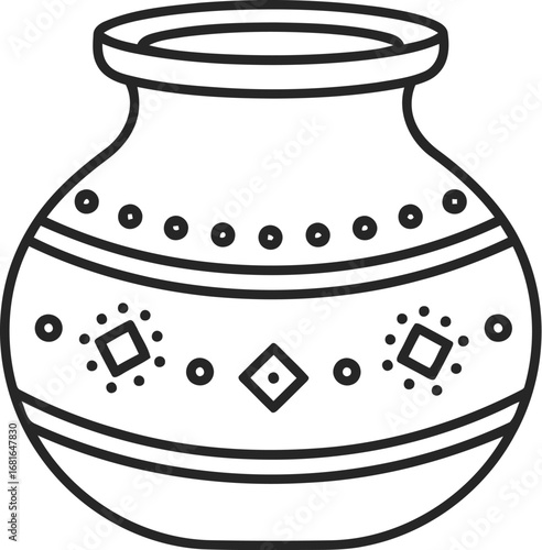 Decorative ceramic pot with ethnic geometric patterns and traditional hand-drawn outline style vector