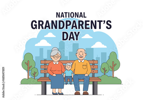 Flat style illustration of grandparents sitting on a park bench with grandchild, featuring National Grandparent’s Day text, symbolizing love, family bonding, and celebration of this special holiday