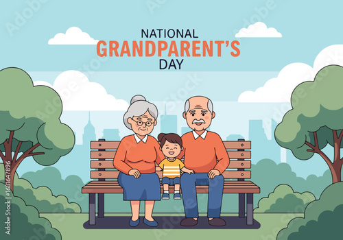 Flat style illustration of grandparents sitting on a park bench with grandchild, featuring National Grandparent’s Day text, symbolizing love, family bonding, and celebration of this special holiday