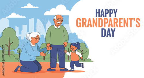 Flat style illustration of grandparents with grandchild outdoors, featuring Happy Grandparent’s Day text, symbolizing family love, bonding, and celebration of this special holiday