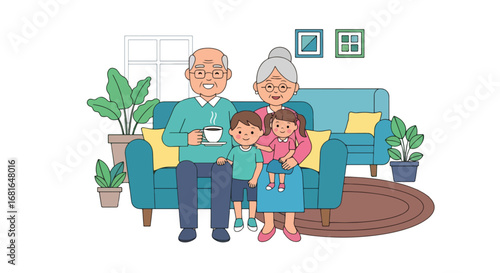 Flat style illustration of grandparents sitting on a sofa with grandchildren at home, celebrating National Grandparents Day with love, warmth, and family bonding indoors