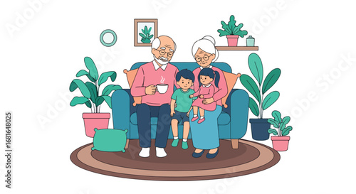 Flat style illustration of grandparents sitting on a sofa with grandchildren at home, celebrating National Grandparents Day with love, warmth, and family bonding indoors