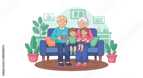 Flat style illustration of grandparents sitting on a sofa with grandchildren at home, celebrating National Grandparents Day with love, warmth, and family bonding indoors