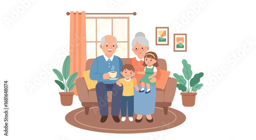 Flat style illustration of grandparents sitting on a sofa with grandchildren at home, celebrating National Grandparents Day with love, warmth, and family bonding indoors