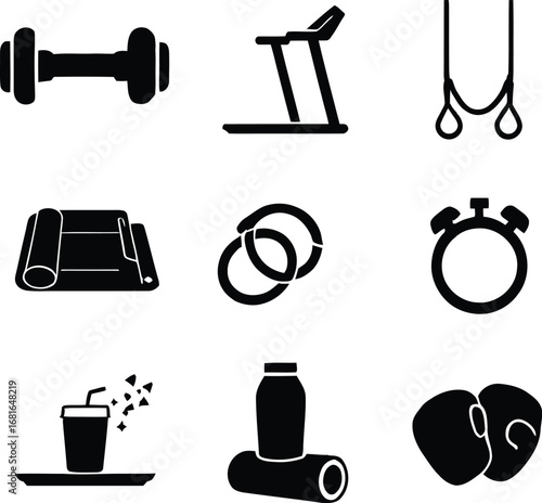 Fitness gym workout equipment vector illustration dumbbell treadmill mat rings timer gloves bottle