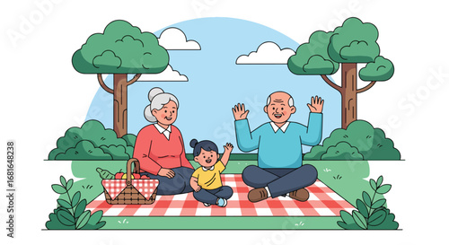 Flat style illustration of grandparents enjoying a picnic with grandchild in the park, celebrating National Grandparents Day with family bonding, laughter, and outdoor relaxation