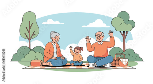 Flat style illustration of grandparents enjoying a picnic with grandchild in the park, celebrating National Grandparents Day with family bonding, laughter, and outdoor relaxation
