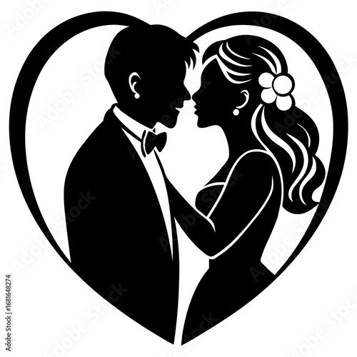 Couple kissing within heart silhouette love