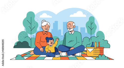 Flat style illustration of grandparents enjoying a picnic with grandchild in the park, celebrating National Grandparents Day with family bonding, laughter, and outdoor relaxation