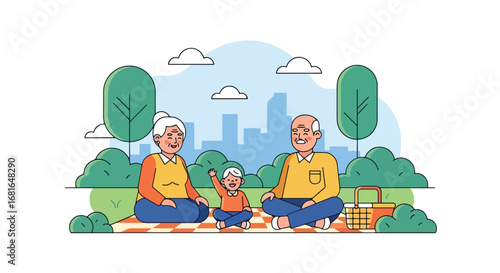 Flat style illustration of grandparents enjoying a picnic with grandchild in the park, celebrating National Grandparents Day with family bonding, laughter, and outdoor relaxation