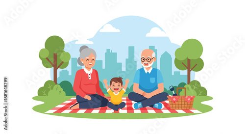 Flat style illustration of grandparents enjoying a picnic with grandchild in the park, celebrating National Grandparents Day with family bonding, laughter, and outdoor relaxation