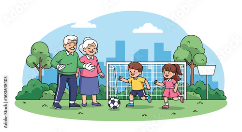 Flat style illustration of grandparents playing soccer with grandchildren in a park, celebrating National Grandparents Day with outdoor fun, family bonding, and active lifestyle