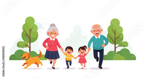 Flat style illustration of grandparents walking in the park with grandchildren and a dog, celebrating National Grandparents Day with joy, family bonding, and outdoor fun
