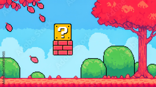 Colorful Pixel Art World with Mystery Box and Lush Trees on a Sunny Day Adventure