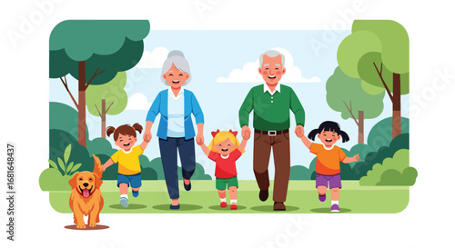 Flat style illustration of grandparents walking in the park with grandchildren and a dog, celebrating National Grandparents Day with joy, family bonding, and outdoor fun