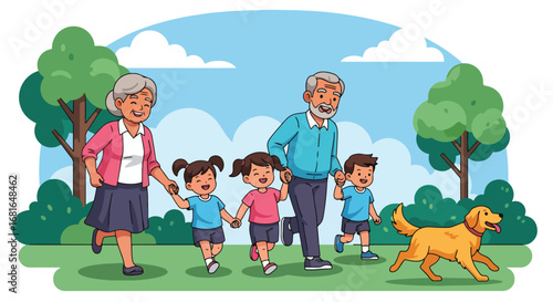 Flat style illustration of grandparents walking in the park with grandchildren and a dog, celebrating National Grandparents Day with joy, family bonding, and outdoor fun