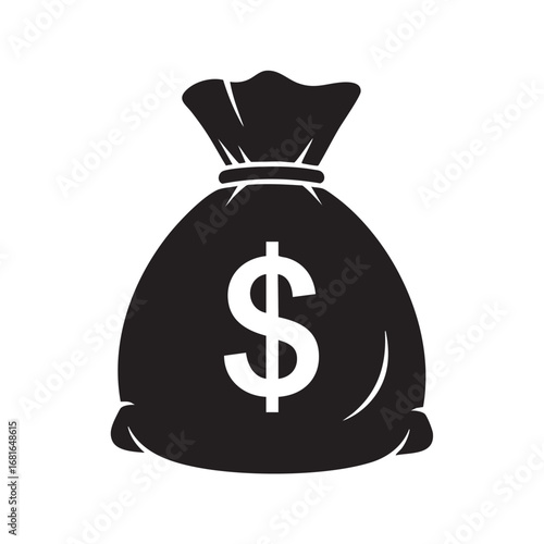 Simple black silhouette of a money bag with dollar sign for finance and wealth concepts
