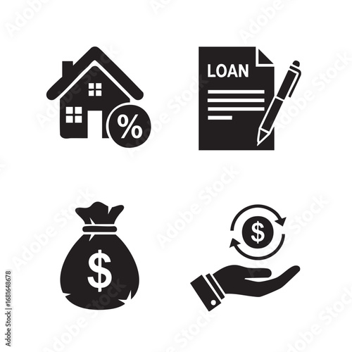 Financial icons set featuring home loan money bag hand holding currency and loan document