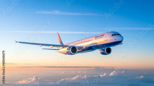 Commercial Airplane Flying Through Cloudy Blue Sky at Sunset Offering a Peaceful and Scenic View