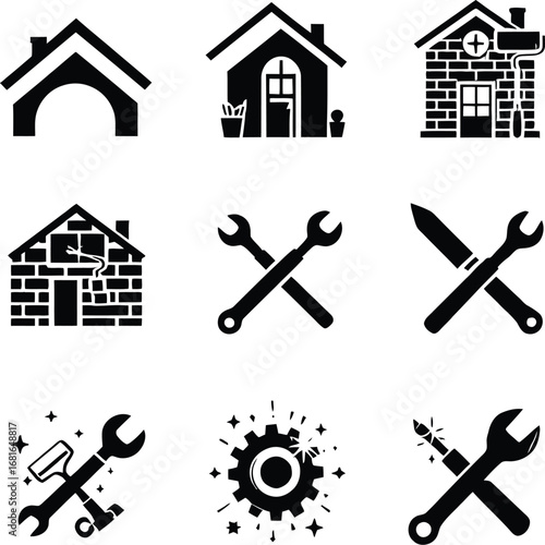 Home improvement and repair services vector icons set for construction and renovation projects and handyman work