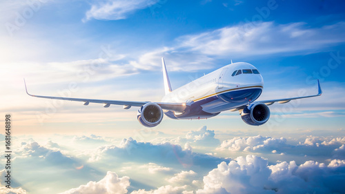 Commercial airliner flying through bright blue sky above fluffy clouds representing travel destinations and air transport