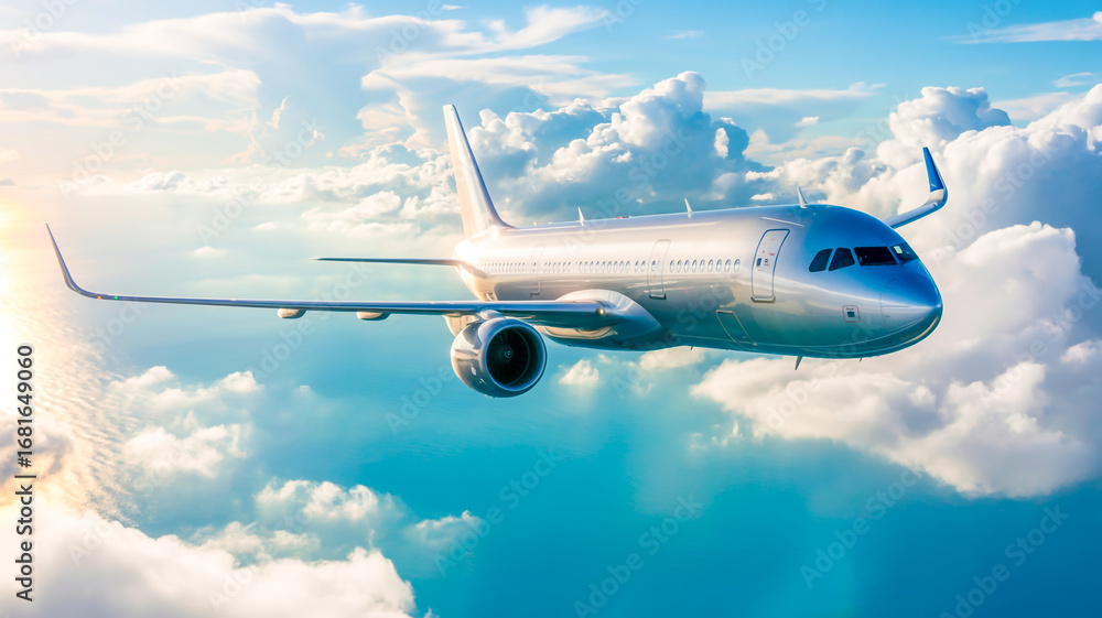 Obraz premium Commercial airplane flying through the clouds above the ocean a symbol of travel and globalization