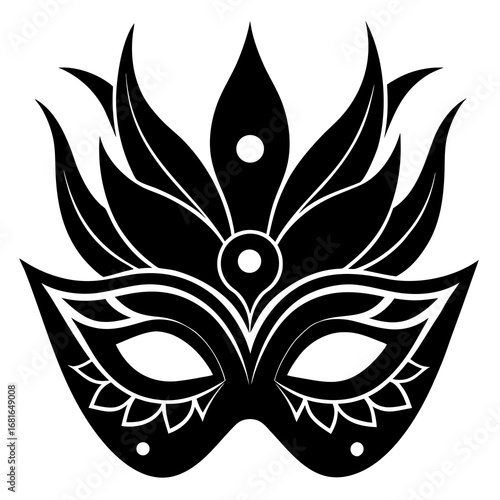 Ornate black masquerade mask with feather accents white