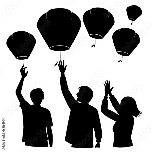 People releasing sky lanterns black silhouette vector