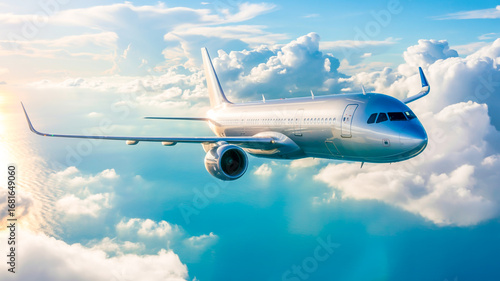 Commercial airplane flying through the clouds above the ocean a symbol of travel and globalization