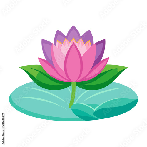 Discover serene beauty with this vibrant pink and purple lotus flower blooming gracefully on lush green lily pads, evoking peace and natural elegance for your projects.