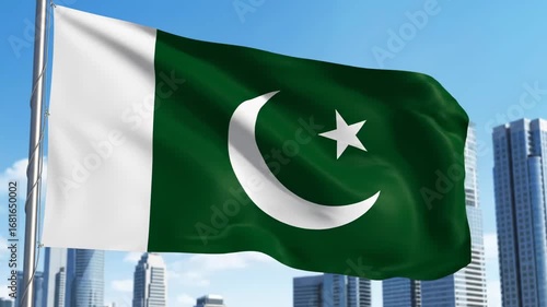 Wallpaper Mural Pakistan Flag Waving Against City Skyline - A Pakistani flag waves proudly against a backdrop of a modern city skyline under a clear blue sky. Torontodigital.ca