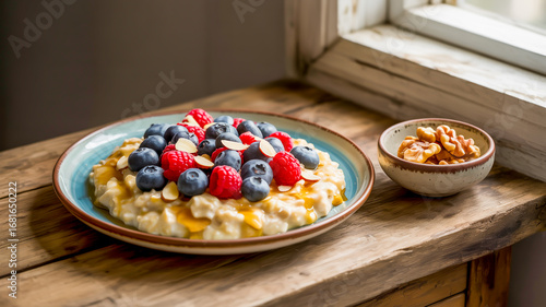 Delicious and Nutritious Oatmeal Breakfast with Fresh Berries and Almond Slices next to a Bright Window