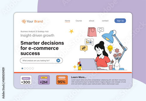 E-Commerce Business Strategy and Online Store Web Template Collection  Featuring shopping bags, laptops, charts, graphs, and workplace elements — ideal for websites, landing pages, retail marketing